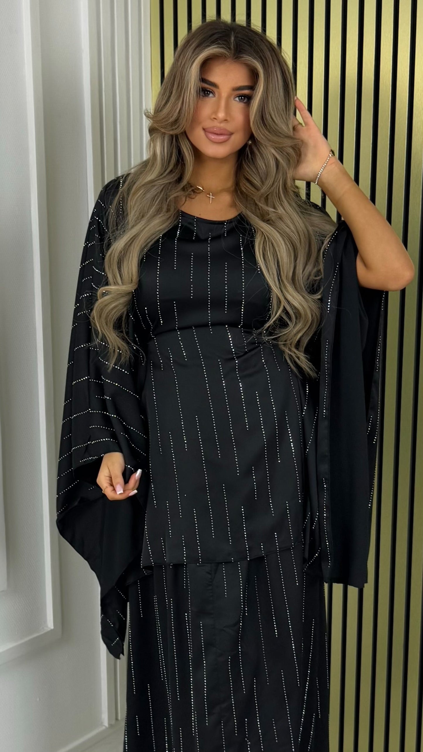 Inside Tie Belt Oversized Strass Butterfly Top + Skirt Set