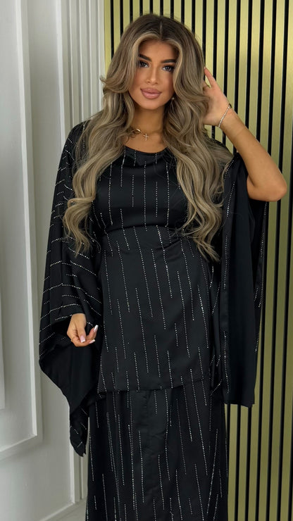 Inside Tie Belt Oversized Strass Butterfly Top + Skirt Set