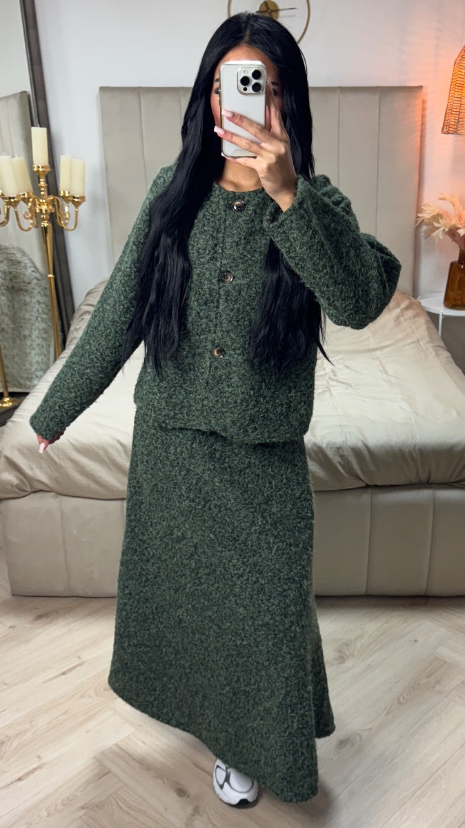 Teddy Coat + Skirt Set Three Buttons Detail