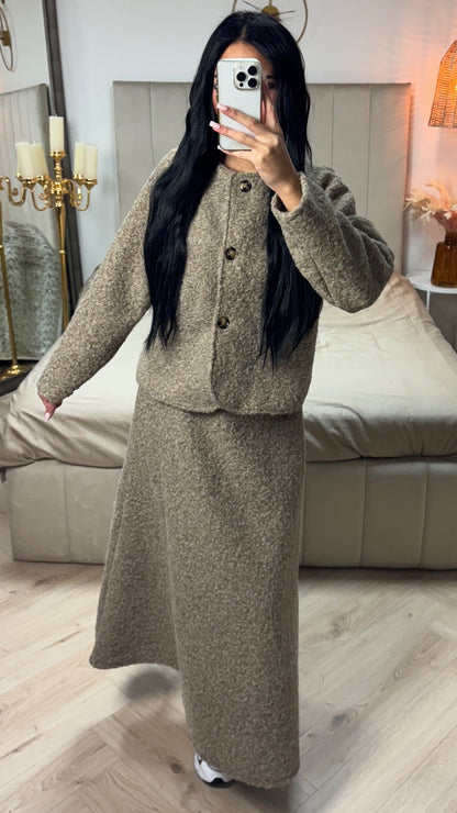 Teddy Coat + Skirt Set Three Buttons Detail