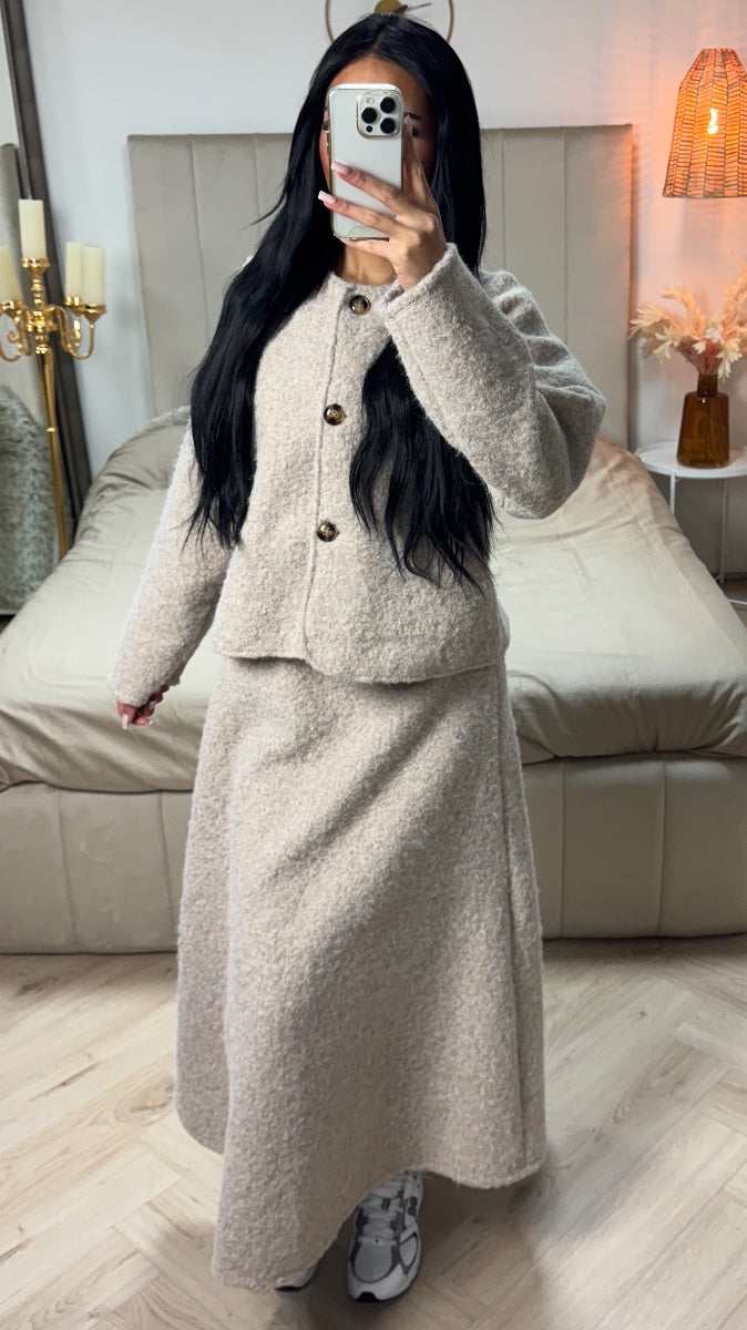 Teddy Coat + Skirt Set Three Buttons Detail