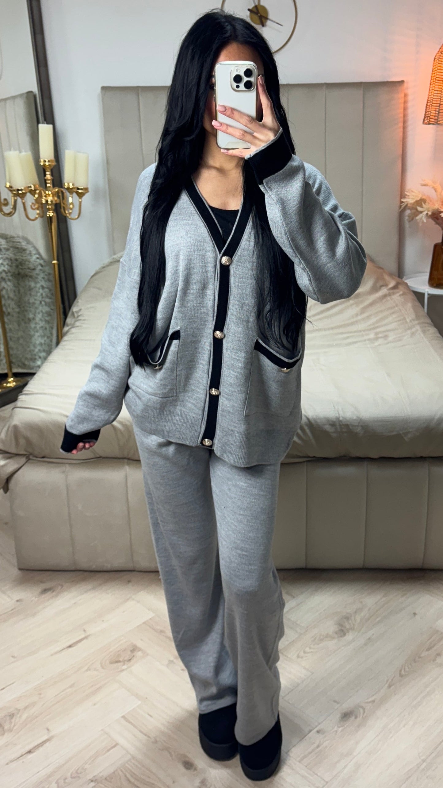 Premium Knitwear V Neck Cardigan + Wide Leg Pants Button Detail