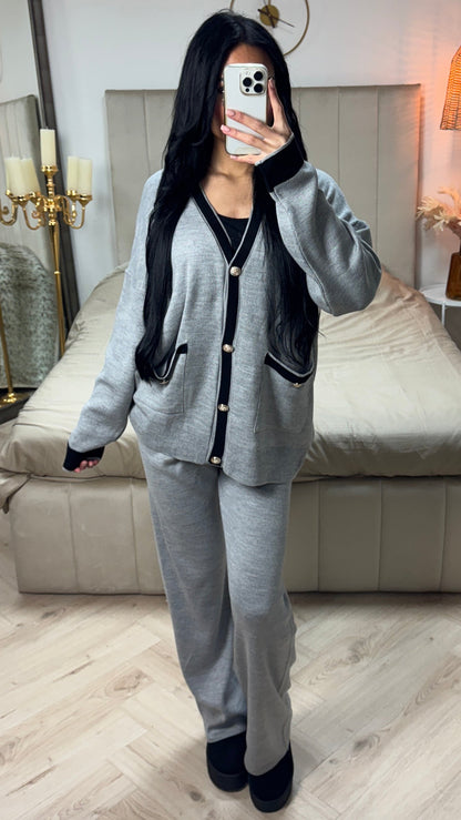 Premium Knitwear V Neck Cardigan + Wide Leg Pants Button Detail