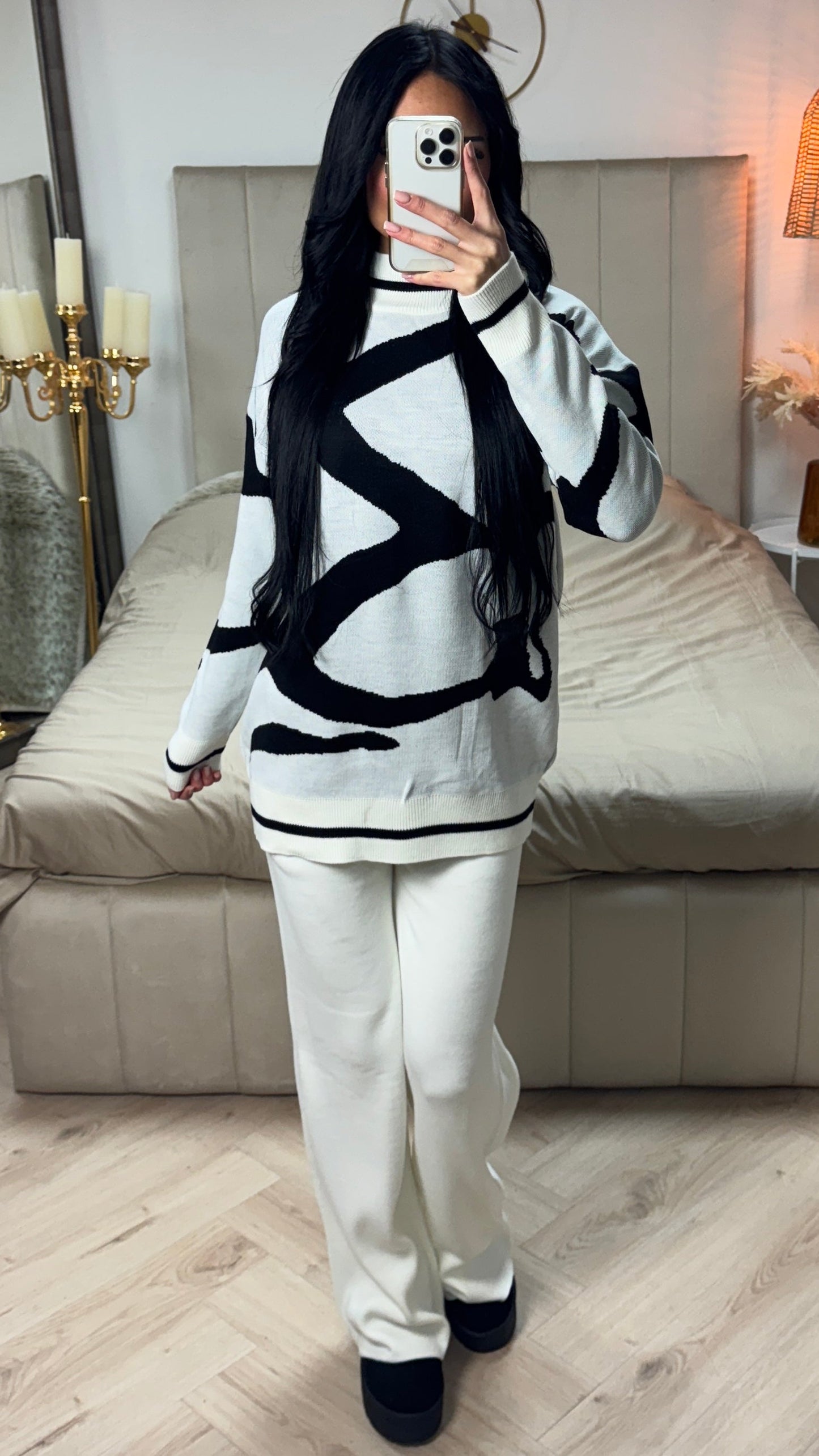 Premium Knitwear High Neck Sweater + Wide Leg Pants Art Design Set