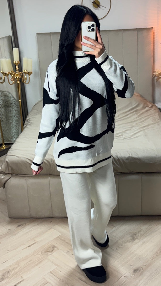 Premium Knitwear High Neck Sweater + Wide Leg Pants Art Design Set