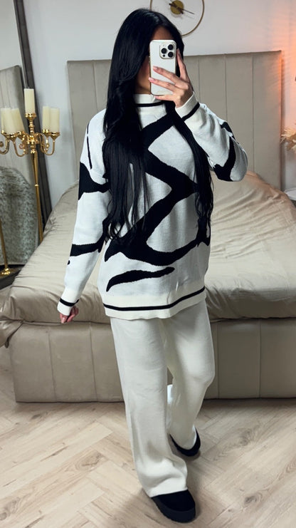Premium Knitwear High Neck Sweater + Wide Leg Pants Art Design Set