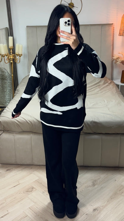 Premium Knitwear High Neck Sweater + Wide Leg Pants Art Design Set