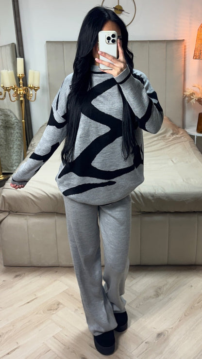 Premium Knitwear High Neck Sweater + Wide Leg Pants Art Design Set