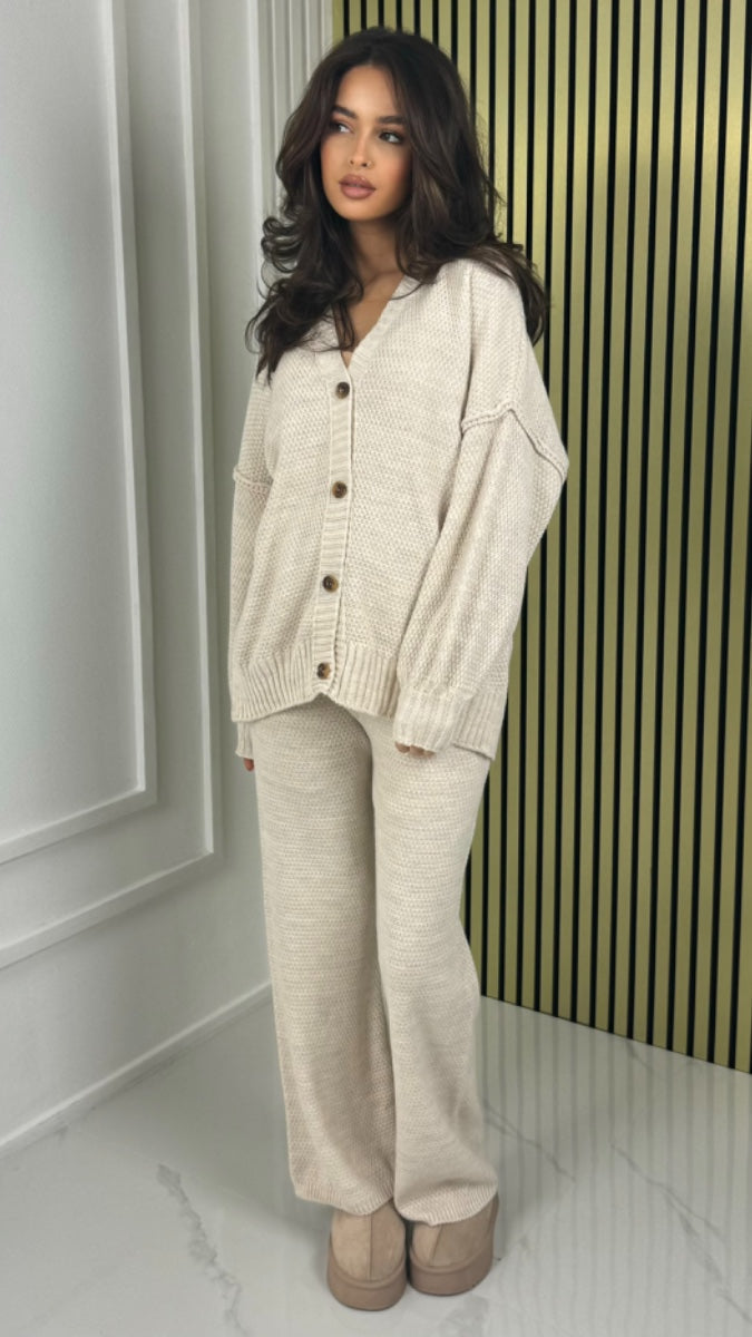 Knitwear V Neck Four Button Wide Leg Set