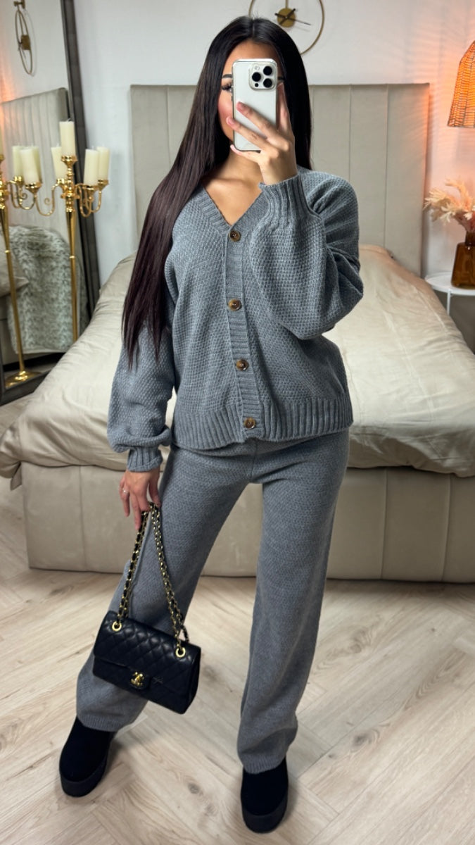 Knitwear V Neck Four Button Wide Leg Set