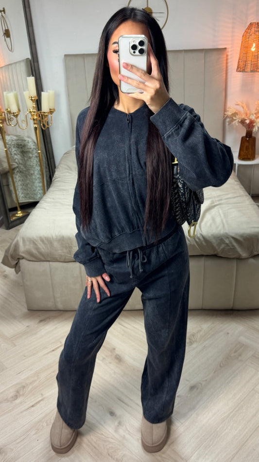 Acid Washed Zipper Cardigan + Wide Leg Trouser  Mid Line Set