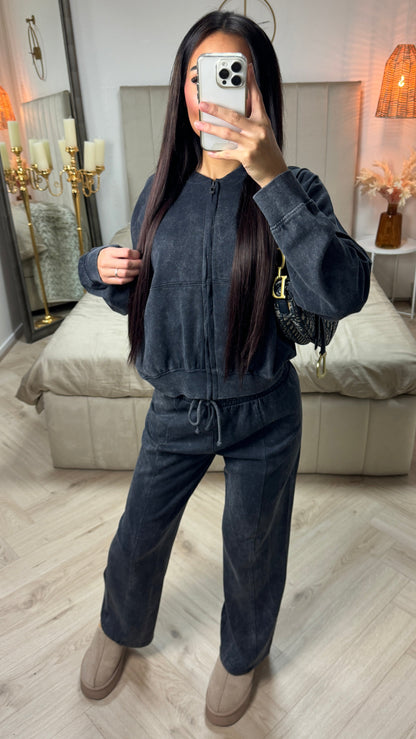 Acid Washed Zipper Cardigan + Wide Leg Trouser  Mid Line Set