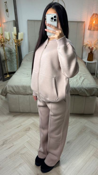 Oversized Basic Zipper Cardigan + Wide Leg Trouser Mid Line Set