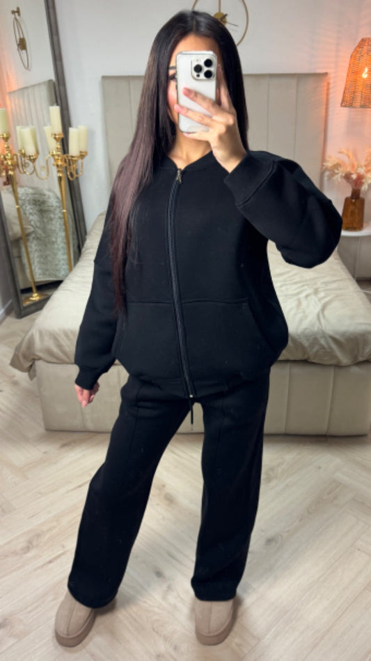 Oversized Basic Zipper Cardigan + Wide Leg Trouser Mid Line Set