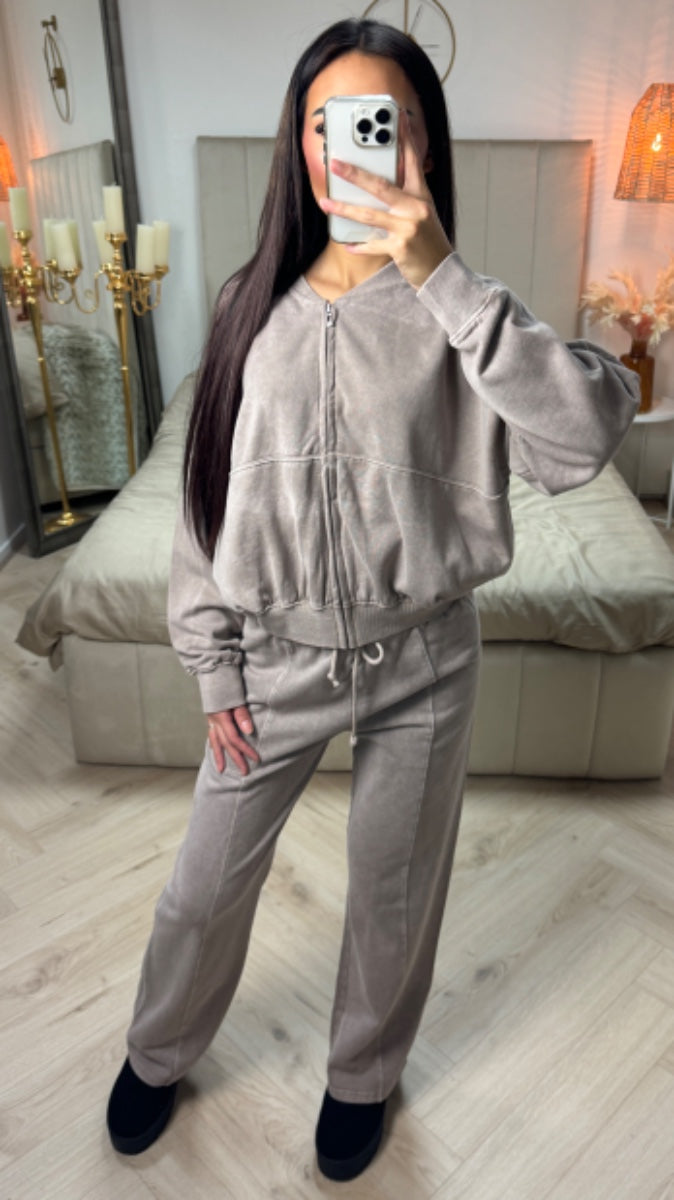 Acid Washed Zipper Cardigan + Wide Leg Trouser  Mid Line Set