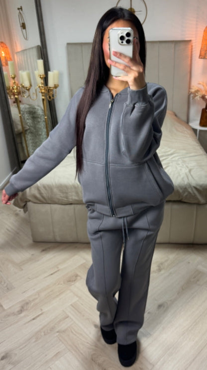 Oversized Basic Zipper Cardigan + Wide Leg Trouser Mid Line Set