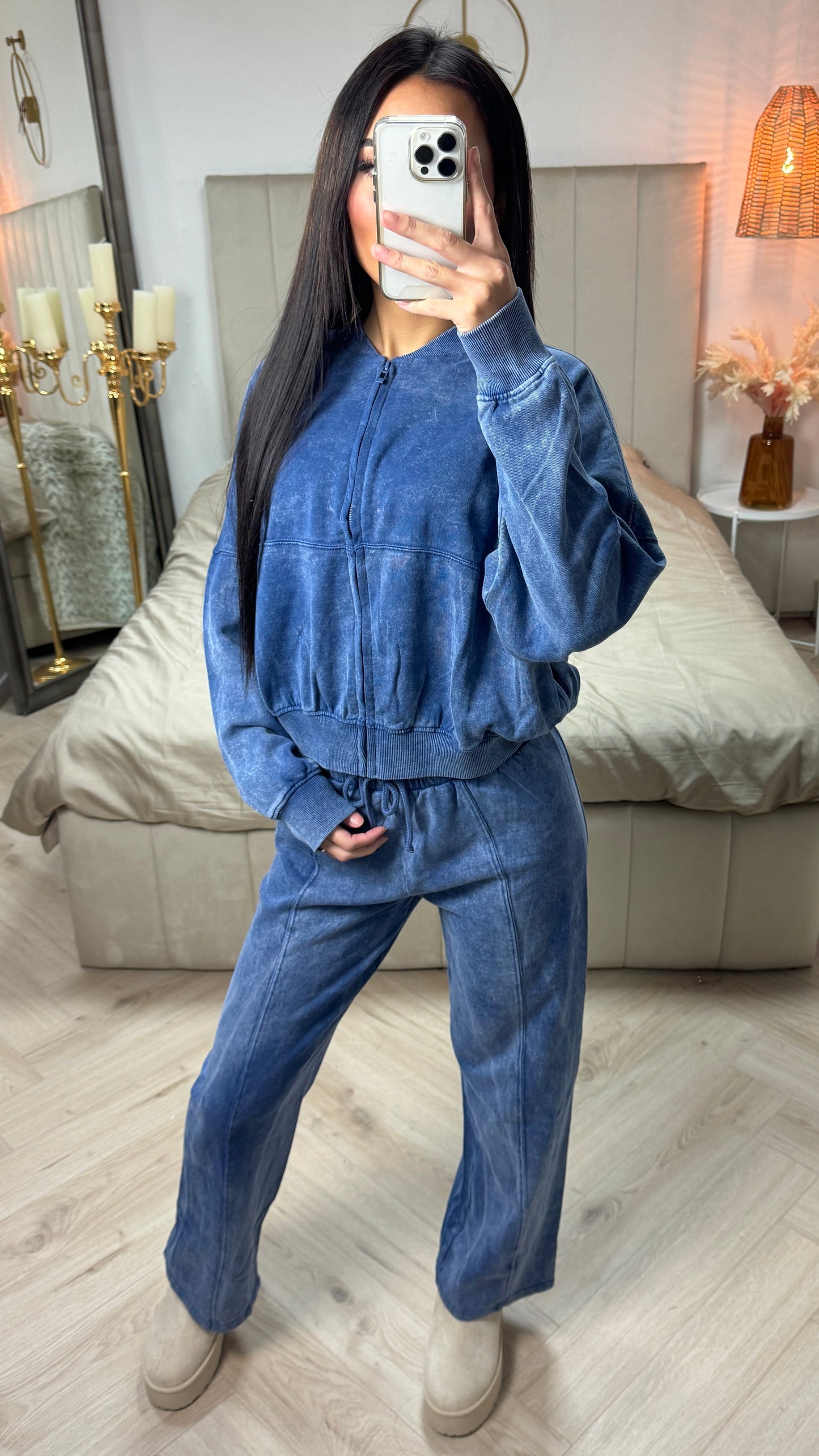 Acid Washed Zipper Cardigan + Wide Leg Trouser  Mid Line Set