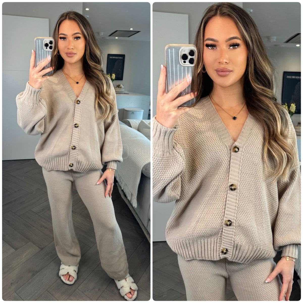 Knitwear V Neck Four Button Wide Leg Set