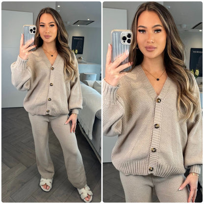 Knitwear V Neck Four Button Wide Leg Set