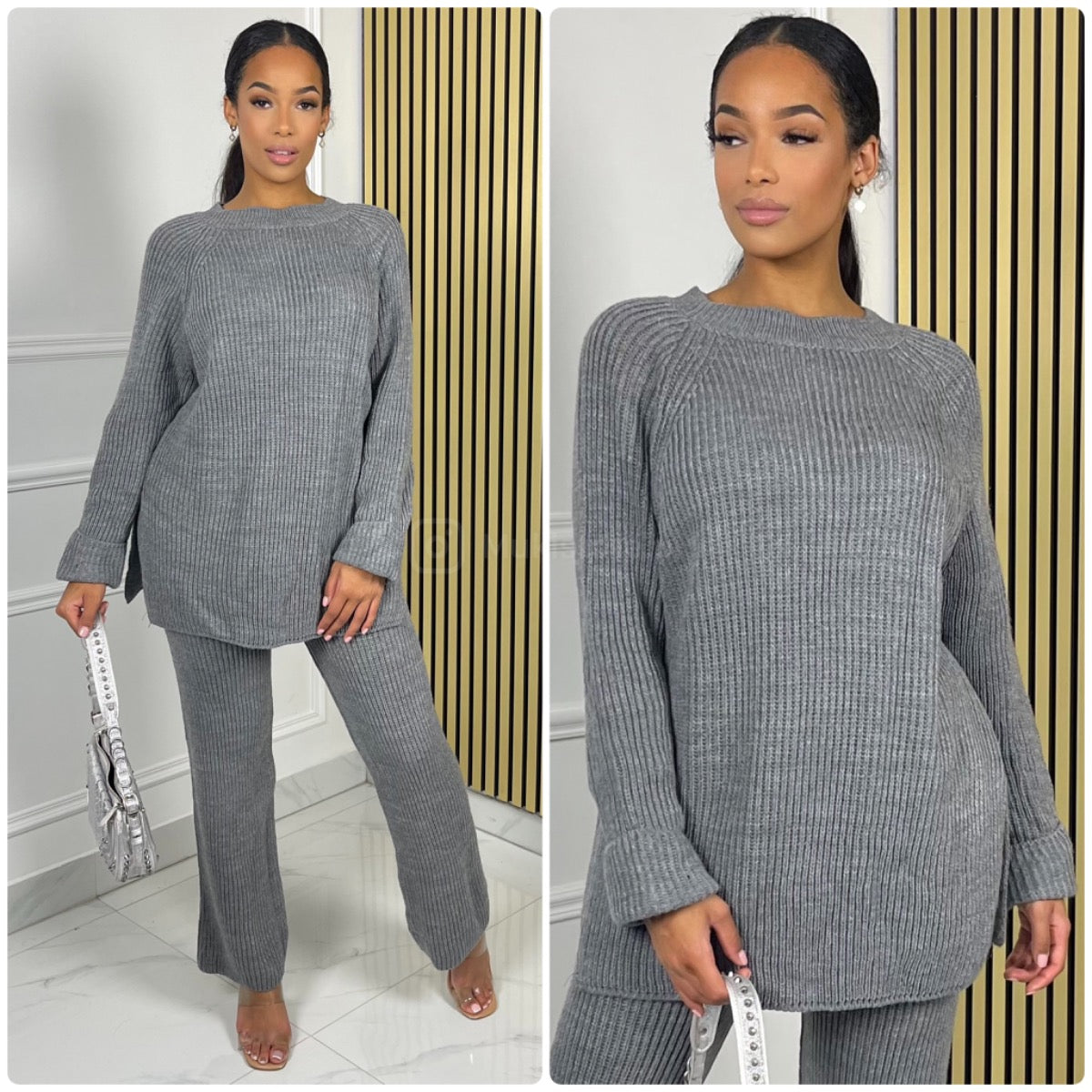 Round Neck Knitwear Wide Leg Basic Set 1501
