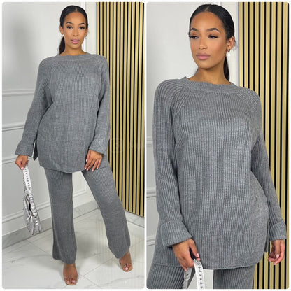Round Neck Knitwear Wide Leg Basic Set 1501