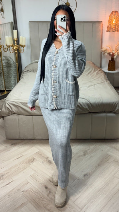 Knitwear Cardigan Golden Buttons + Skirt Set