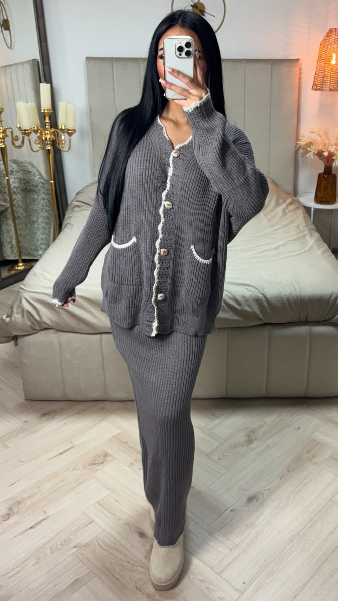 Knitwear Cardigan Golden Buttons + Skirt Set