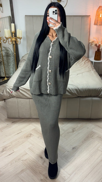 Knitwear Cardigan Golden Buttons + Skirt Set