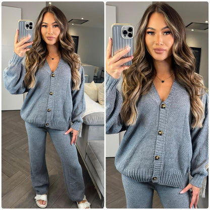 Knitwear V Neck Four Button Wide Leg Set