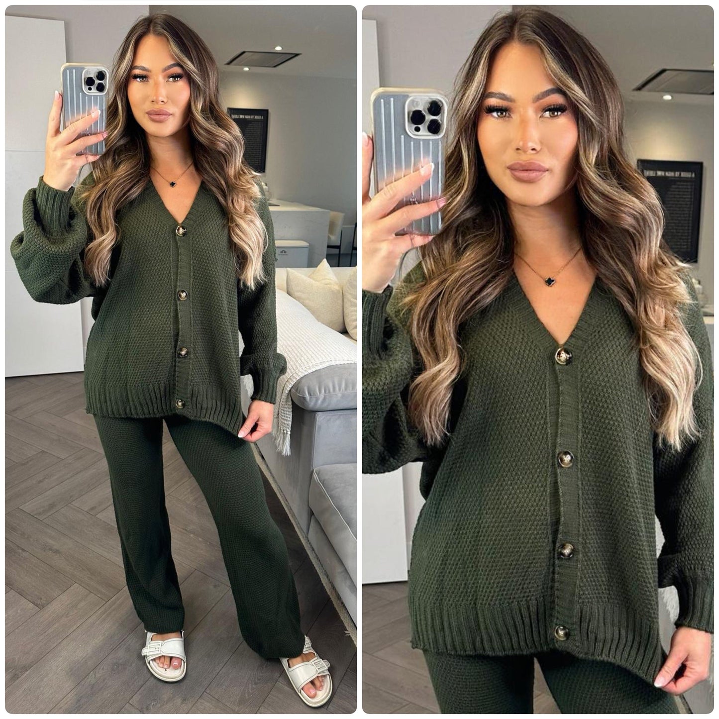 Knitwear V Neck Four Button Wide Leg Set