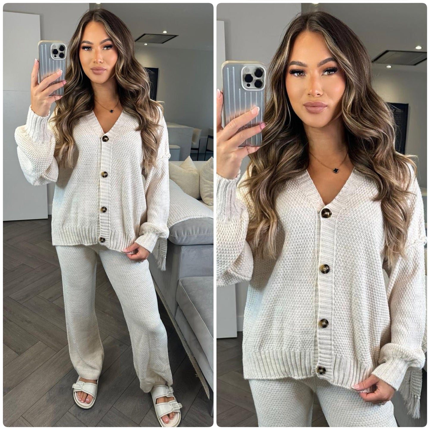 Knitwear V Neck Four Button Wide Leg Set