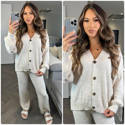 Knitwear V Neck Four Button Wide Leg Set