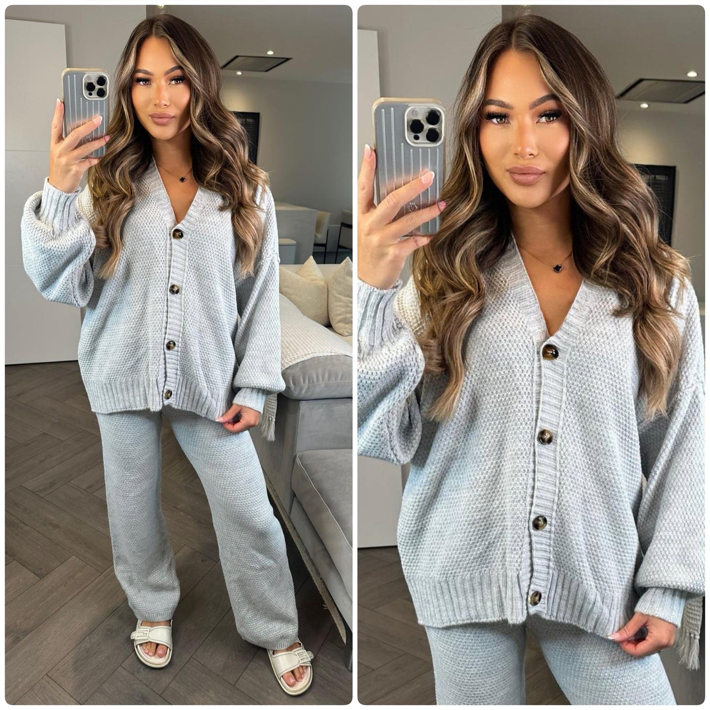 Knitwear V Neck Four Button Wide Leg Set