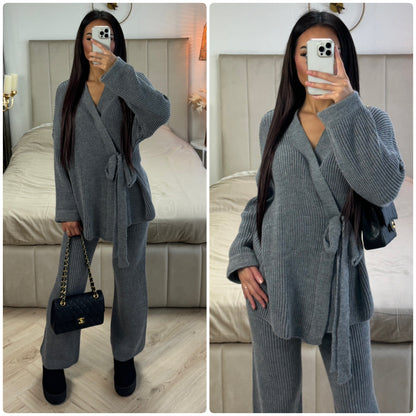 Knitwear Wrapped TIe Belt Cardigan Set
