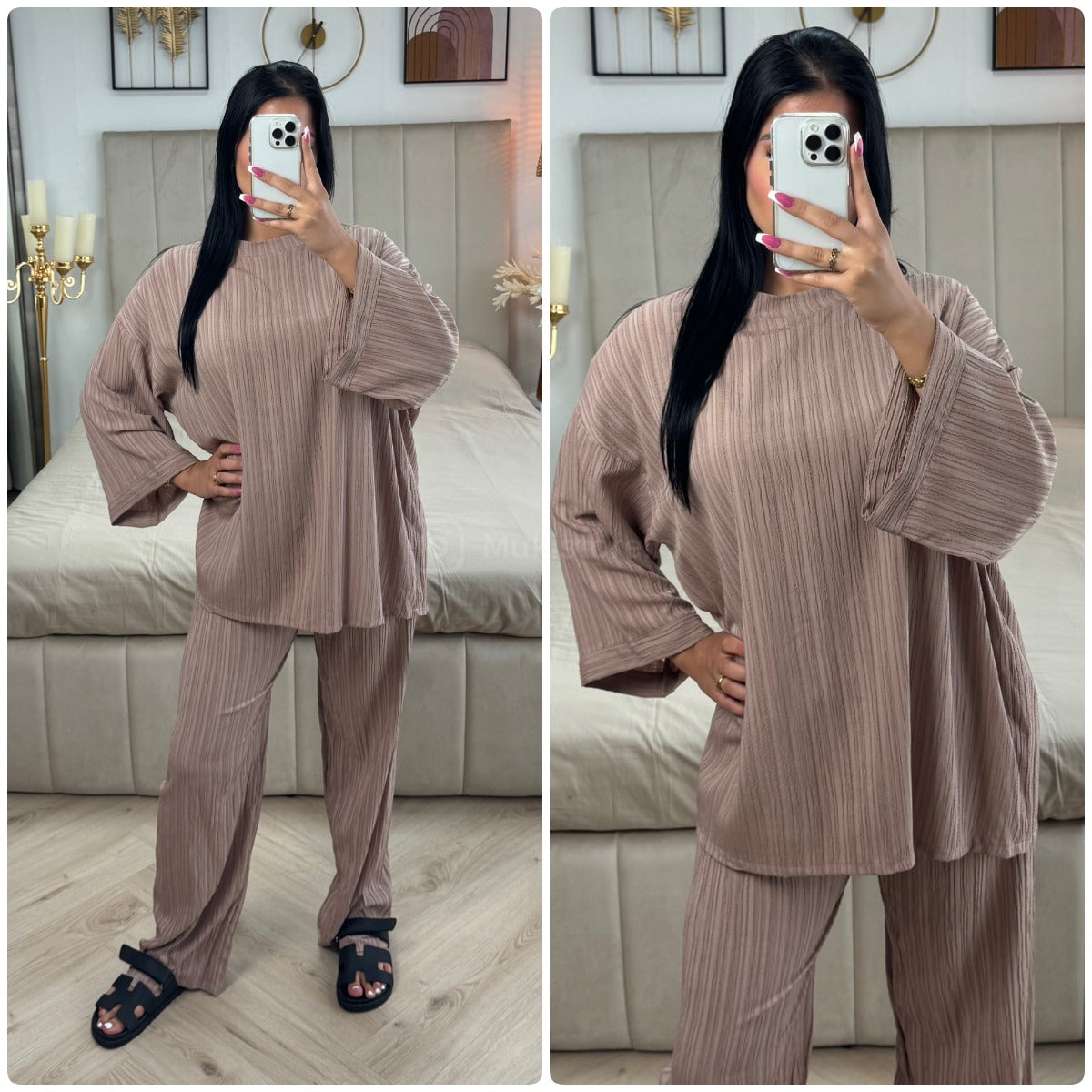 Long Sleeves Stripe Material Basic Wide Leg Set