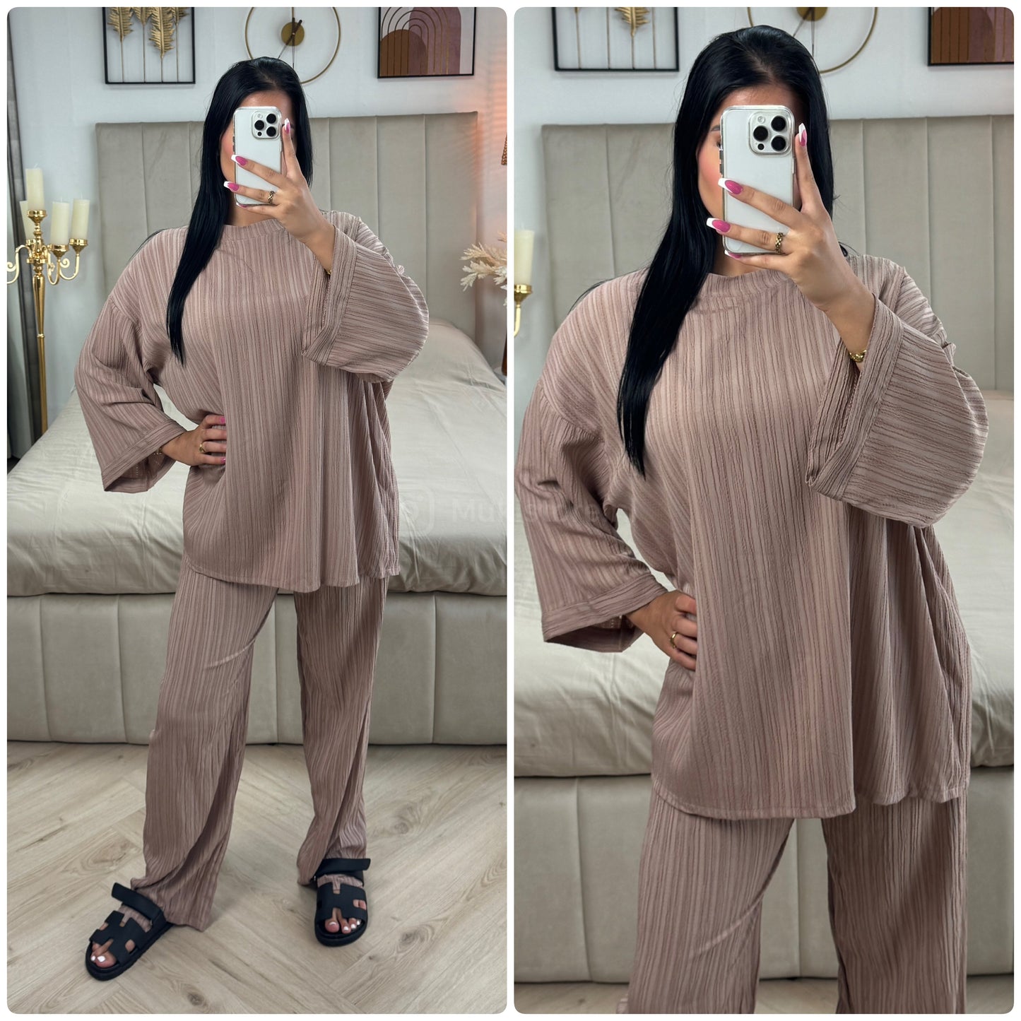 Long Sleeves Stripe Material Basic Wide Leg Set