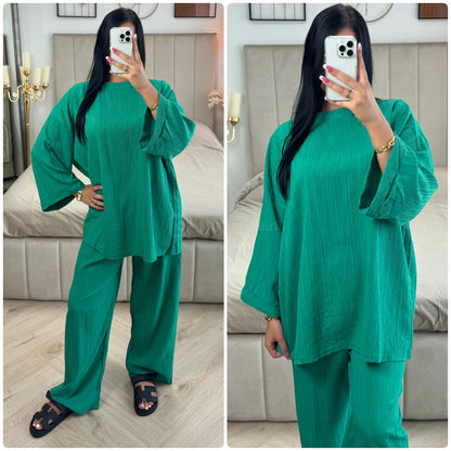 Long Sleeves Stripe Material Basic Wide Leg Set