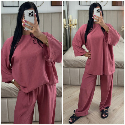 Long Sleeves Stripe Material Basic Wide Leg Set