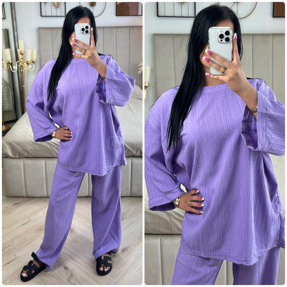 Long Sleeves Stripe Material Basic Wide Leg Set