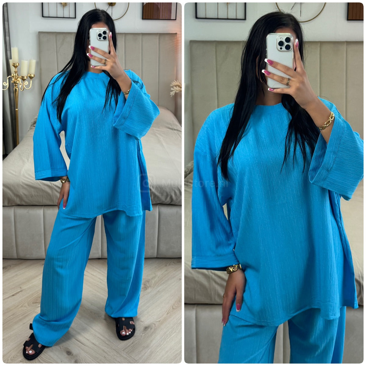 Long Sleeves Stripe Material Basic Wide Leg Set