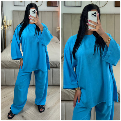 Long Sleeves Stripe Material Basic Wide Leg Set