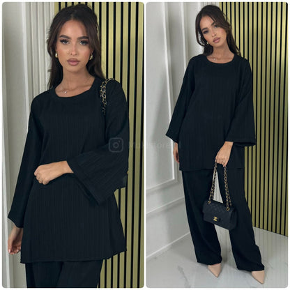 Long Sleeves Stripe Material Basic Wide Leg Set