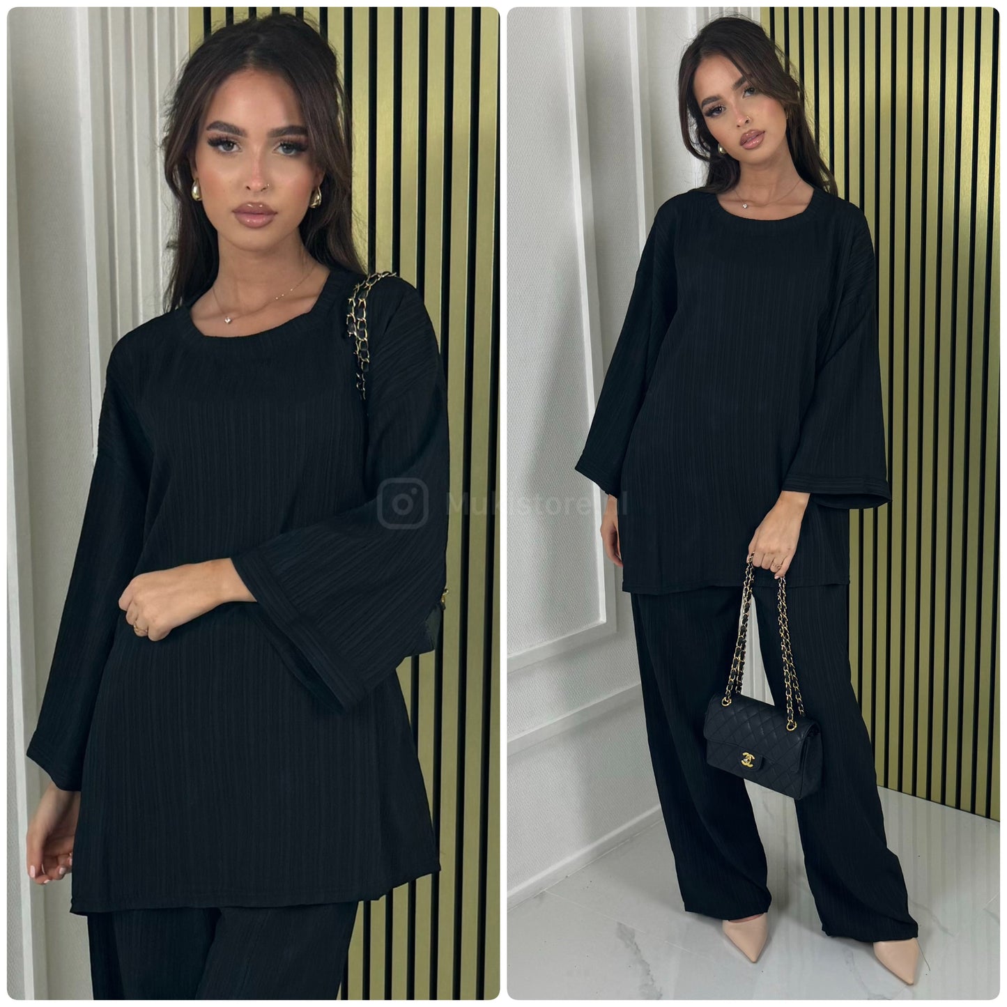 Long Sleeves Stripe Material Basic Wide Leg Set