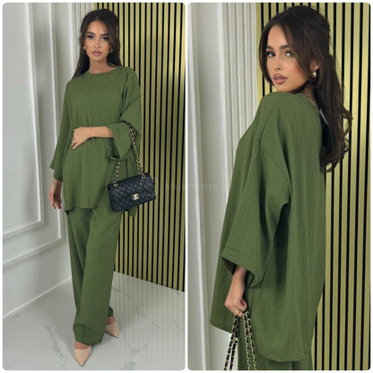 Long Sleeves Stripe Material Basic Wide Leg Set