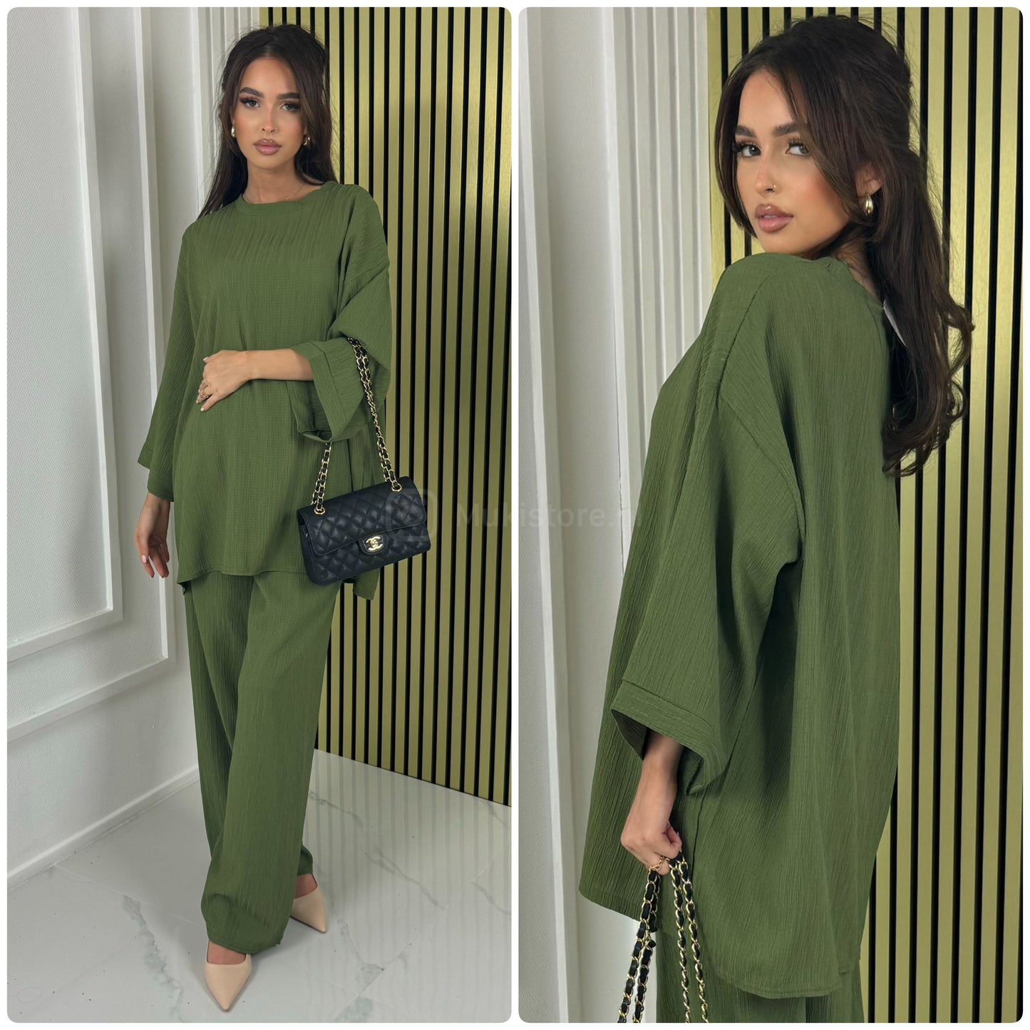 Long Sleeves Stripe Material Basic Wide Leg Set