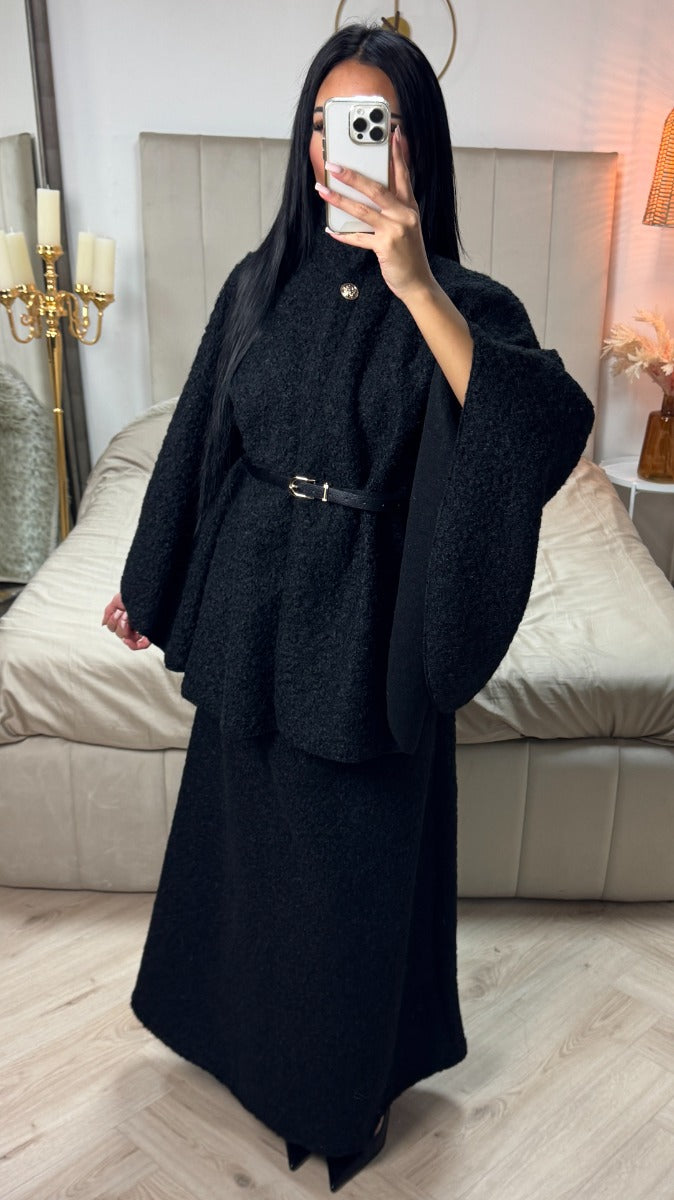 Oversized Teddy Tie Belt Poncho Skirt Set