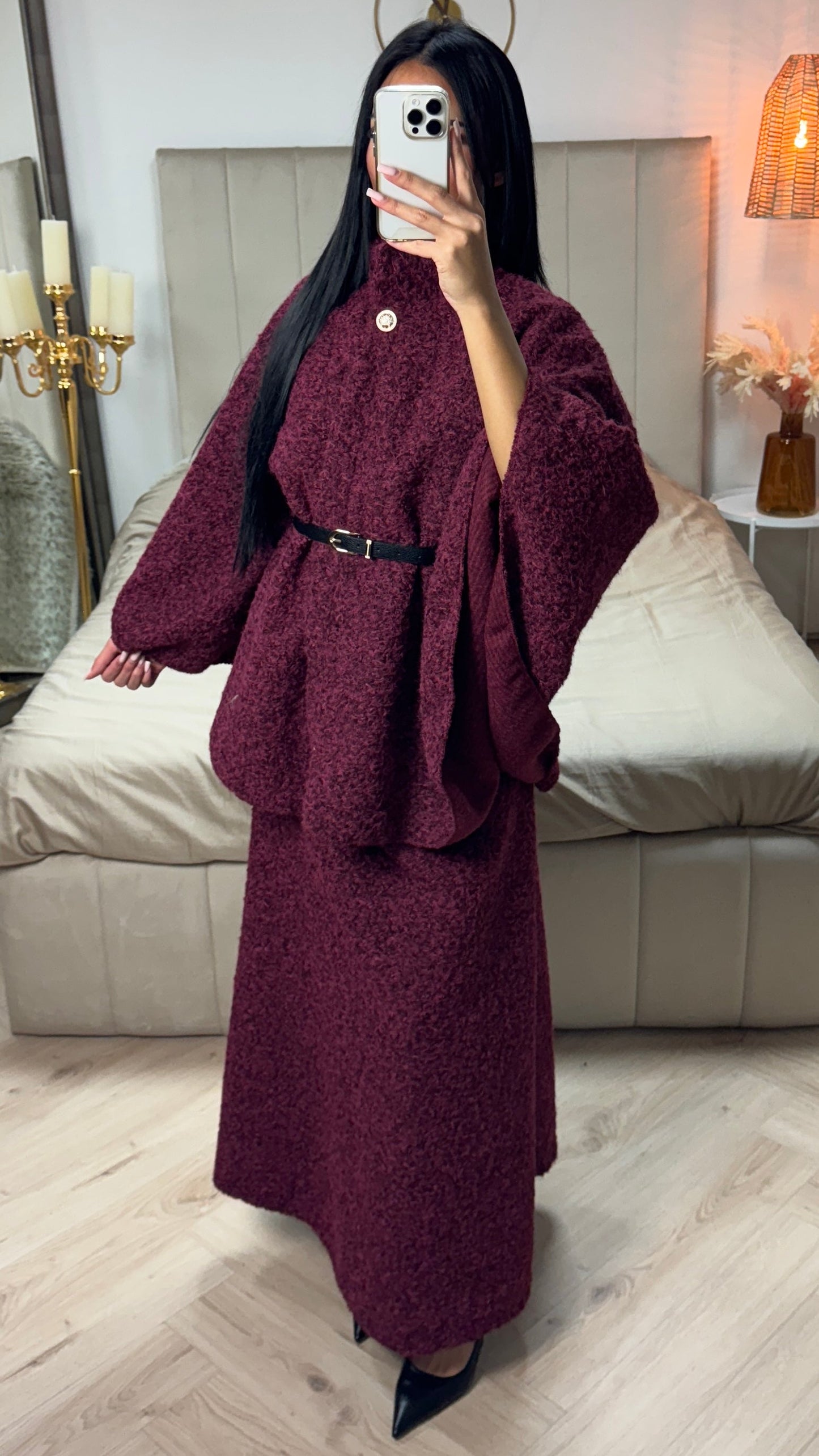 Oversized Teddy Tie Belt Poncho Skirt Set