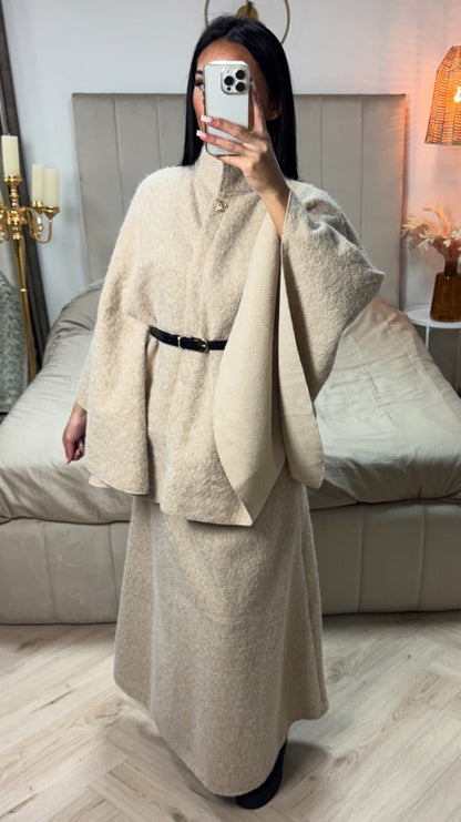 Oversized Teddy Tie Belt Poncho Skirt Set