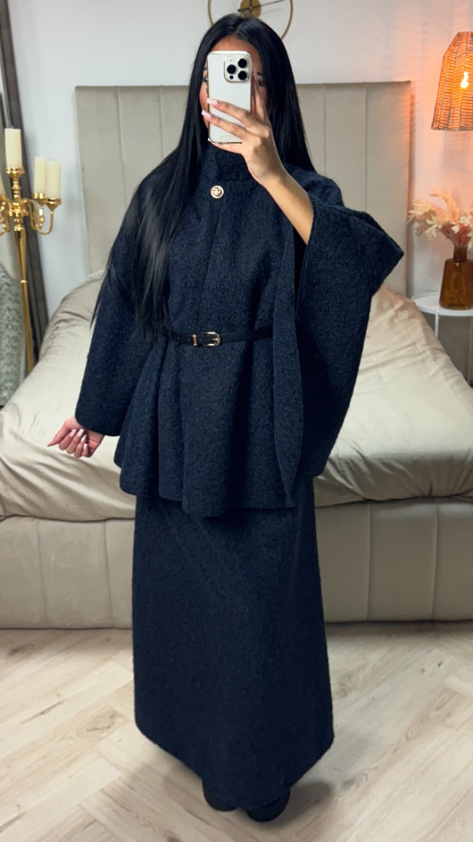Oversized Teddy Tie Belt Poncho Skirt Set