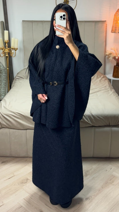 Oversized Teddy Tie Belt Poncho Skirt Set